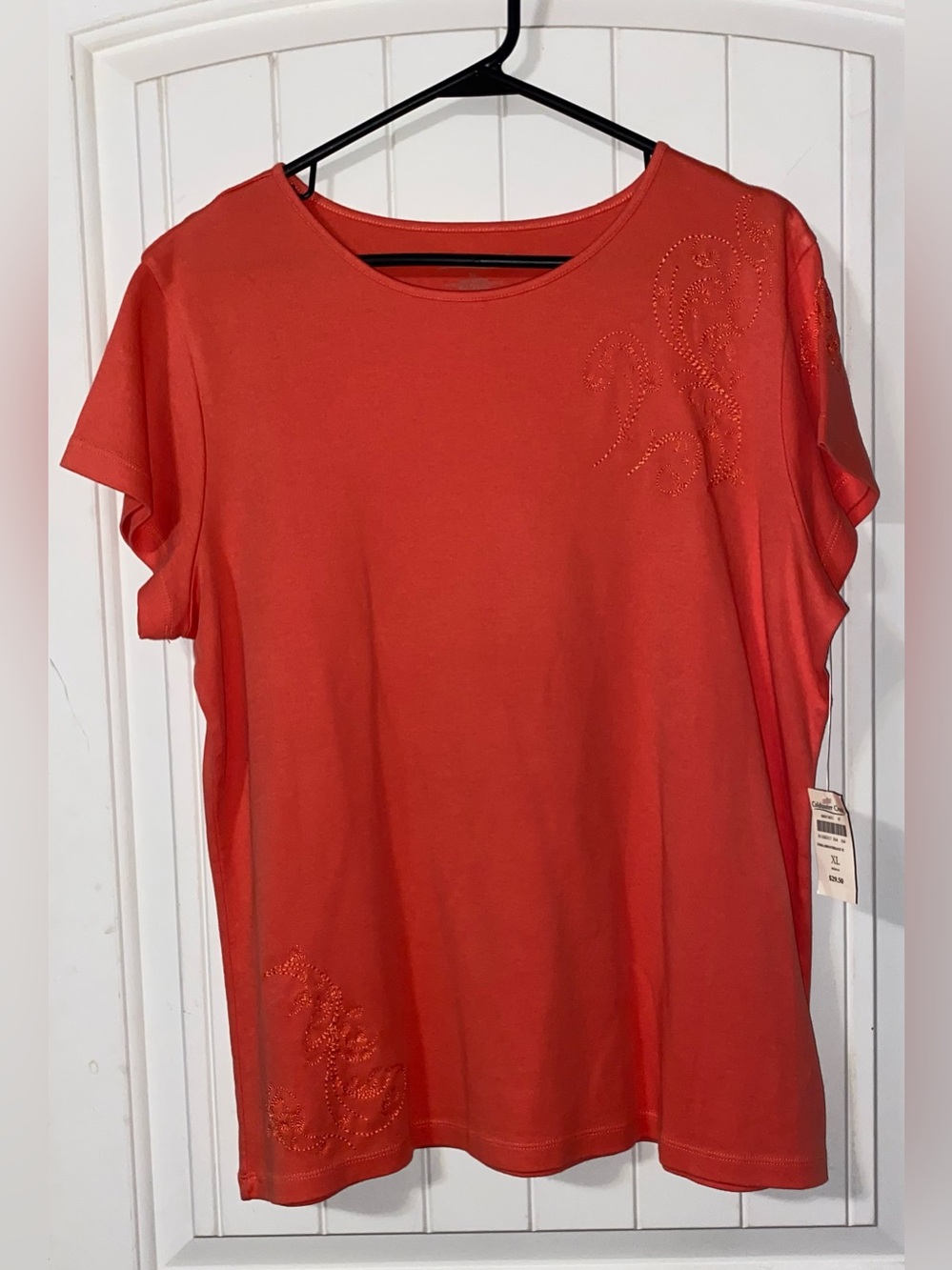 Coldwater Creek Coral Short Sleeve Tee with Rhinestone Swirl Accents